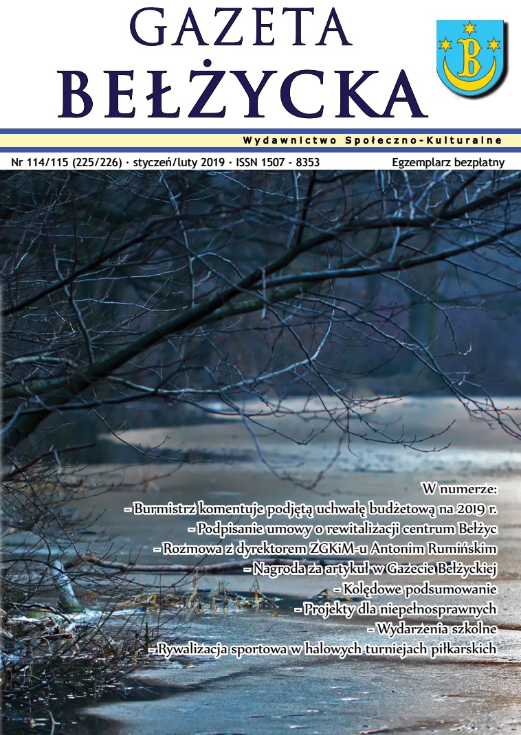 Grafika przedstawia okładkę Gazety Bełżyckiej wydanie lutowe w roku 2019.