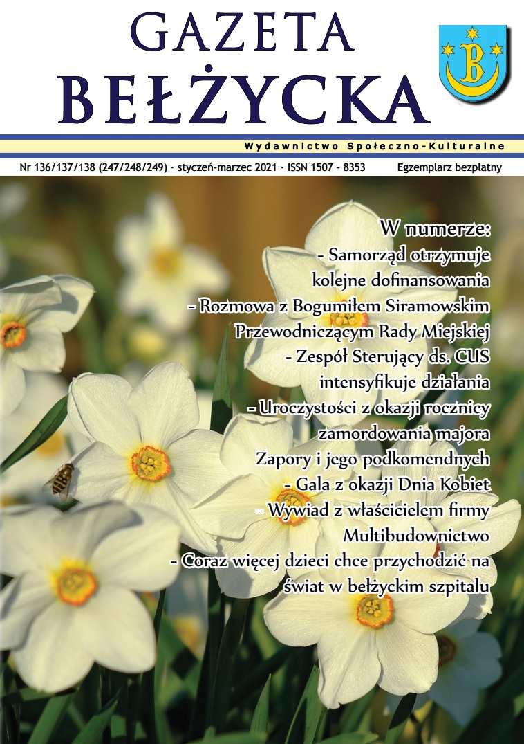Grafika przedstawia okładkę Gazety Bełżyckiej wydanie marcowe w roku 2021.