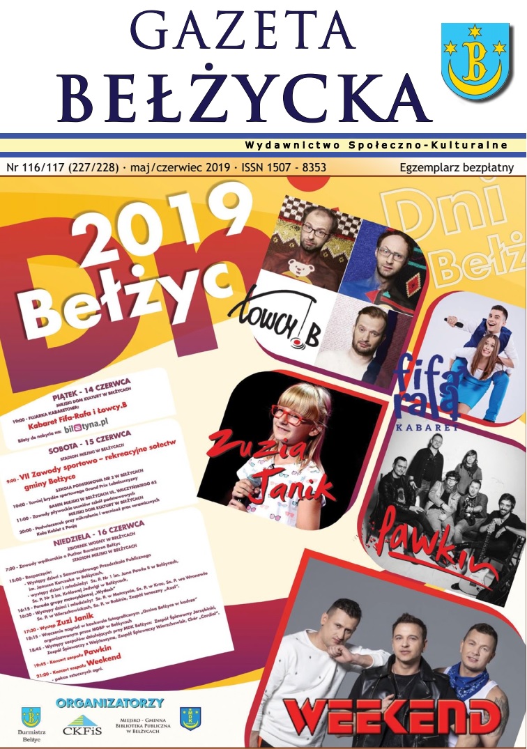 Grafika przedstawia okładkę Gazety Bełżyckiej wydanie czerwcowe w roku 2019.