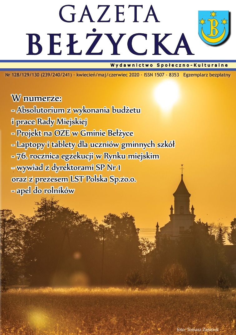 Grafika przedstawia okładkę Gazety Bełżyckiej wydanie czerwcowe w roku 2020.