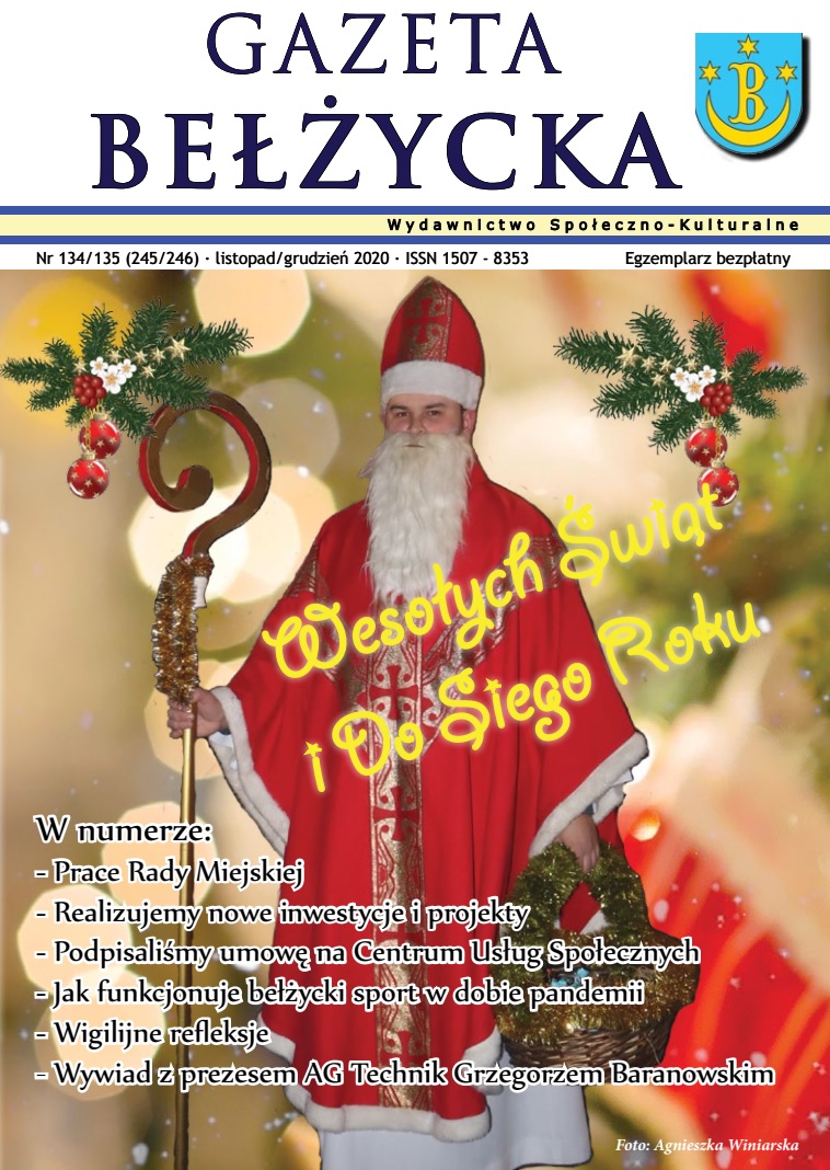 Grafika przedstawia okładkę Gazety Bełżyckiej wydanie grudniowe w roku 2020.