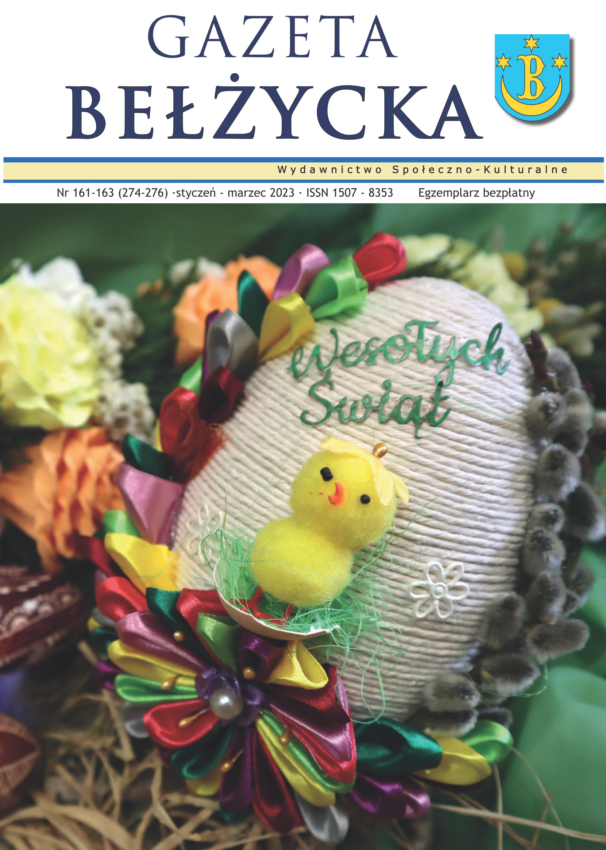 Grafika przedstawia okładkę Gazety Bełżyckiej wydanie marcowe w roku 2023.
